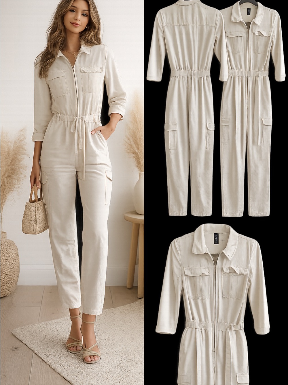 H&M Cream Utility Cargo Jumpsuit| Belted Zip Front